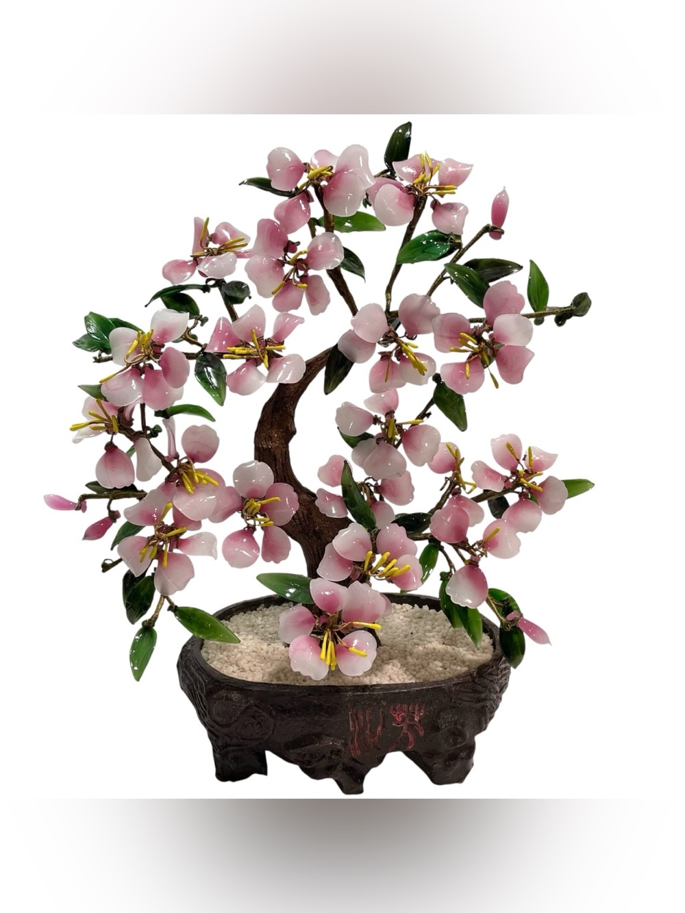 Vintage 1980s Glass Bonsai Tree 11"x13" Faux Flowering Pink Glass Sakura Flowers
